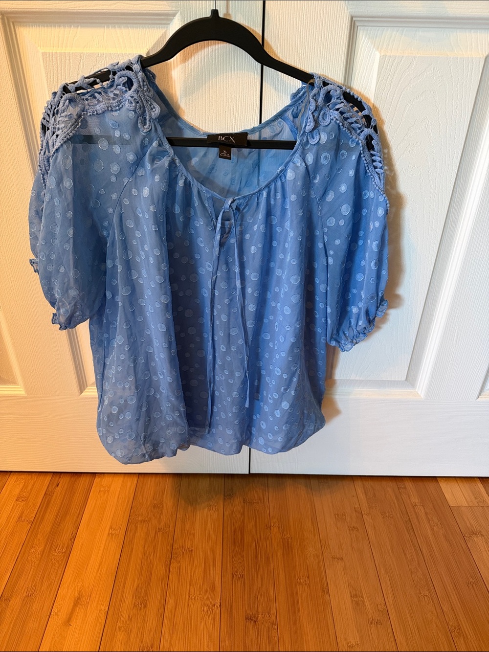BCX Light Blue Crochet-Shoulder Peasant Blouse